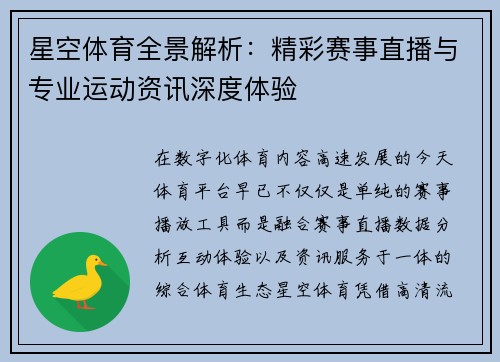 星空体育全景解析：精彩赛事直播与专业运动资讯深度体验