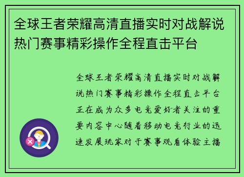 全球王者荣耀高清直播实时对战解说热门赛事精彩操作全程直击平台